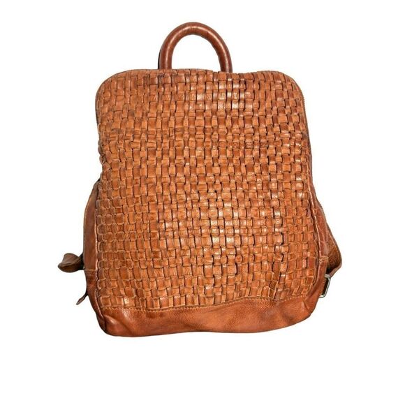 Vilenca Holland brown supple distressed leather basketweave hobo backpack bag - Picture 2 of 12